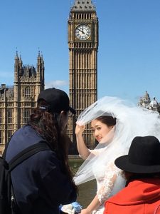 Wedding photo shoot opposite Big Ben, happily still chiming